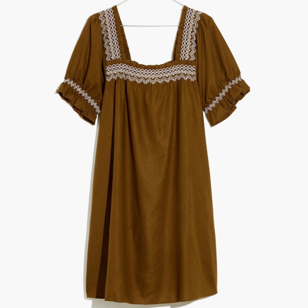 Madewell Linen Smocked-Neck Embroidered Puff-Sleeve Brown Shift Mini Dress